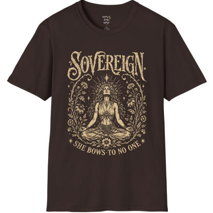 Dark Chocolate Sovereign T-Shirt with engraved-style spiritual artwork inspired by meditation, inner strength, and mindful living.