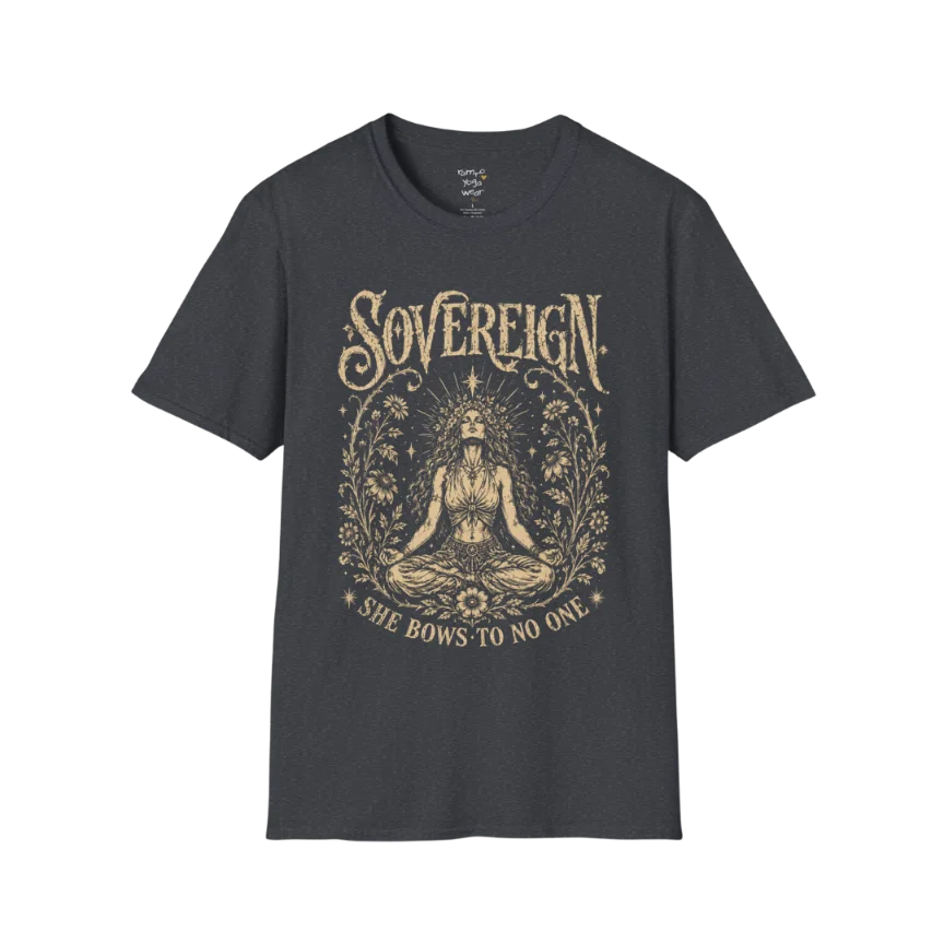 Dark Heather Grey Sovereign T-Shirt featuring an etched vintage-style yoga illustration with sacred celestial symbolism.