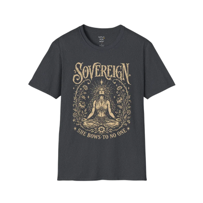 Dark Heather Grey Sovereign T-Shirt featuring an etched vintage-style yoga illustration with sacred celestial symbolism.