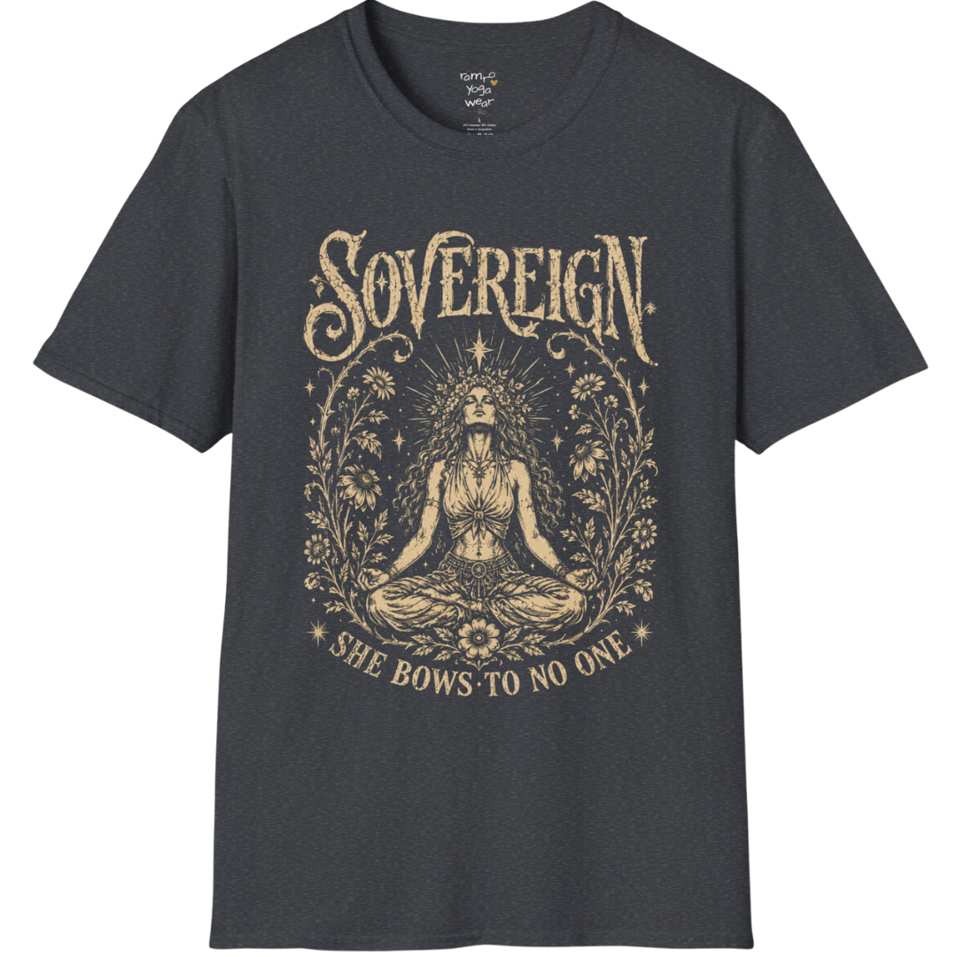 Dark Heather Grey Sovereign T-Shirt featuring an etched vintage-style yoga illustration with sacred celestial symbolism.
