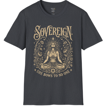 Dark Heather Grey Sovereign T-Shirt featuring an etched vintage-style yoga illustration with sacred celestial symbolism.