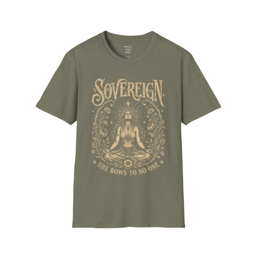 Heather Military Green Sovereign T-Shirt with mystical meditative artwork and earthy spiritual streetwear styling.