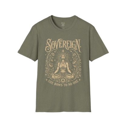Heather Military Green Sovereign T-Shirt with mystical meditative artwork and earthy spiritual streetwear styling.