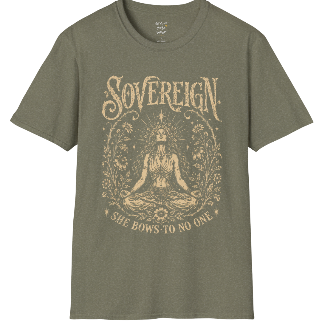 Heather Military Green Sovereign T-Shirt with mystical meditative artwork and earthy spiritual streetwear styling.