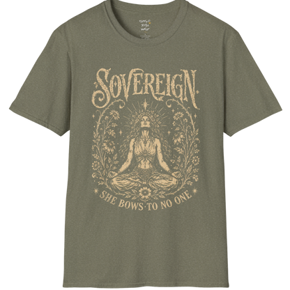 Heather Military Green Sovereign T-Shirt with mystical meditative artwork and earthy spiritual streetwear styling.