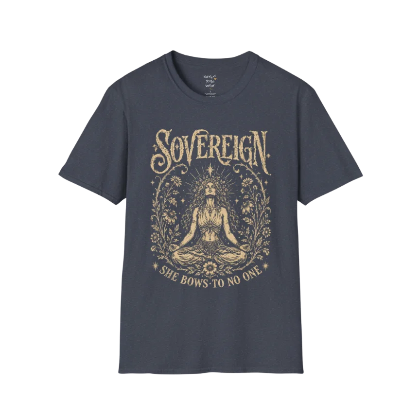 Heather Navy Sovereign T-Shirt featuring celestial line art and a vintage-inspired meditation illustration with calm energy.