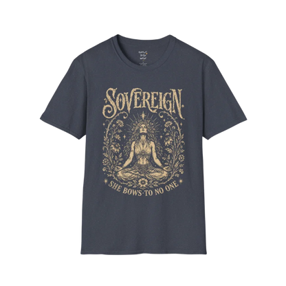 Heather Navy Sovereign T-Shirt featuring celestial line art and a vintage-inspired meditation illustration with calm energy.