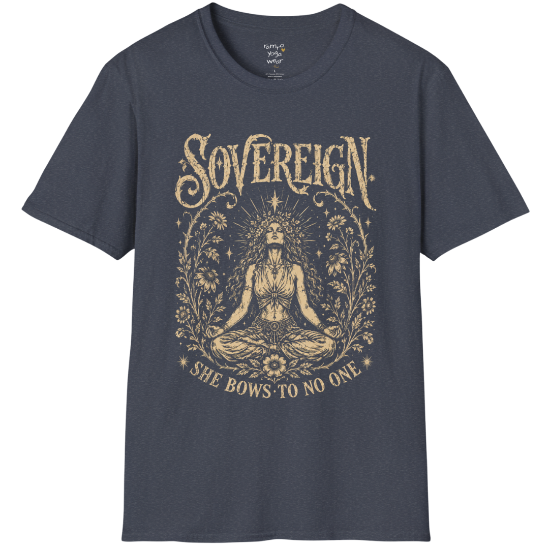 Heather Navy Sovereign T-Shirt featuring celestial line art and a vintage-inspired meditation illustration with calm energy.