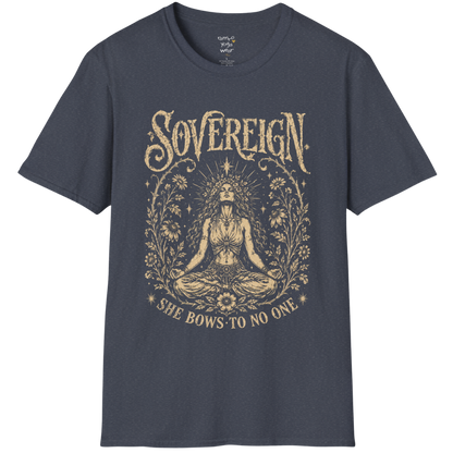 Heather Navy Sovereign T-Shirt featuring celestial line art and a vintage-inspired meditation illustration with calm energy.