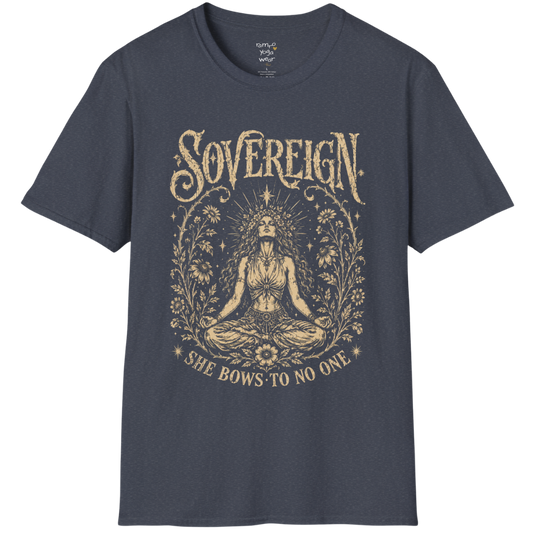 Heather Navy Sovereign T-Shirt featuring celestial line art and a vintage-inspired meditation illustration with calm energy.