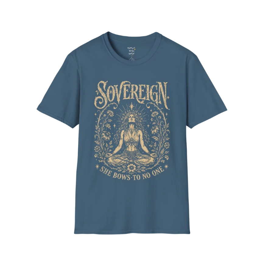 Indigo Blue Sovereign T-Shirt with detailed mystical yoga artwork inspired by stillness, empowerment, and soulful movement.