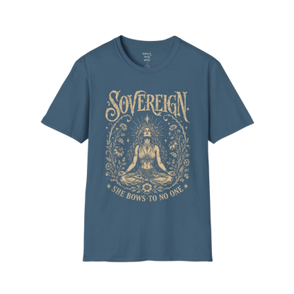 Indigo Blue Sovereign T-Shirt with detailed mystical yoga artwork inspired by stillness, empowerment, and soulful movement.