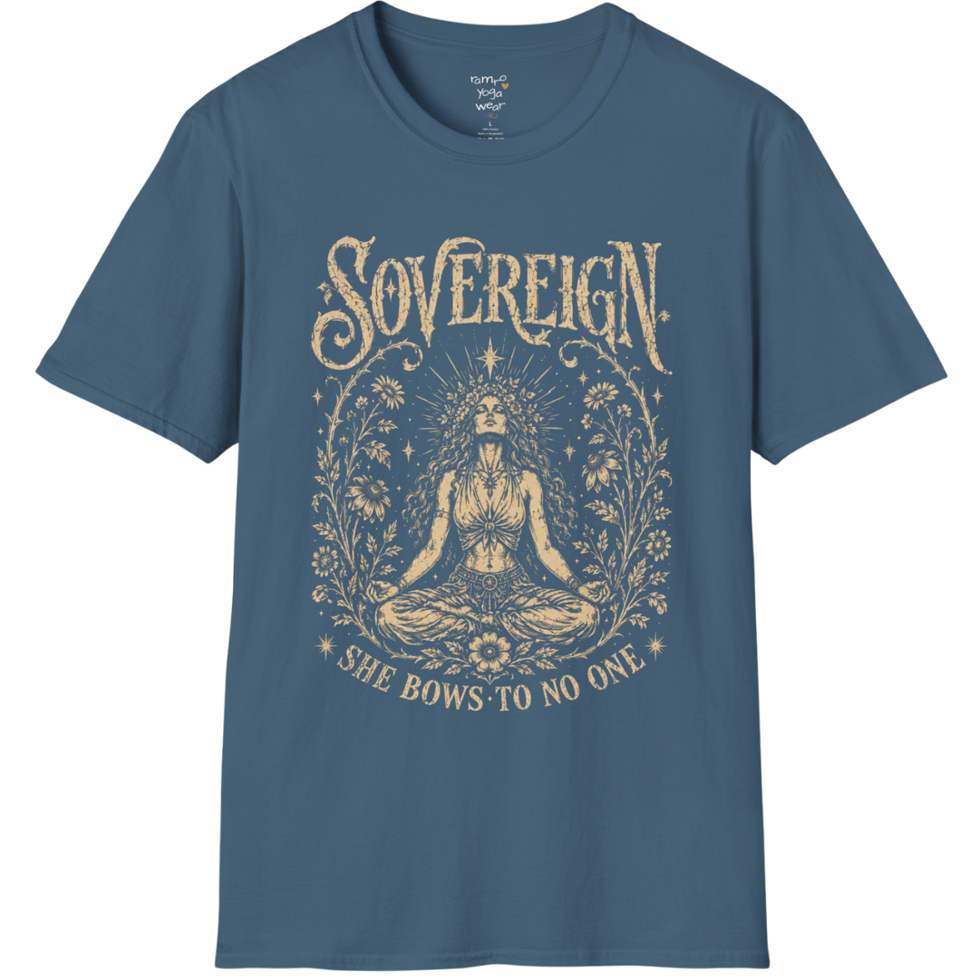 Indigo Blue Sovereign T-Shirt with detailed mystical yoga artwork inspired by stillness, empowerment, and soulful movement.