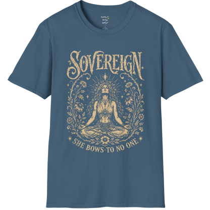 Indigo Blue Sovereign T-Shirt with detailed mystical yoga artwork inspired by stillness, empowerment, and soulful movement.