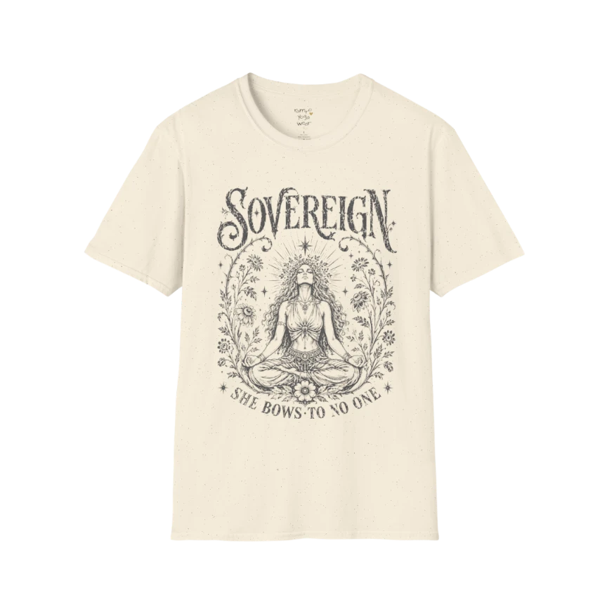 Natural Sovereign T-Shirt with dark engraved-style mystical meditation artwork inspired by empowerment and inner calm.