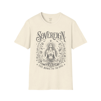 Natural Sovereign T-Shirt with dark engraved-style mystical meditation artwork inspired by empowerment and inner calm.