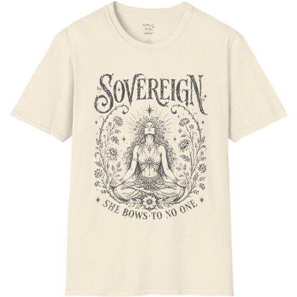 Natural Sovereign T-Shirt with dark engraved-style mystical meditation artwork inspired by empowerment and inner calm.