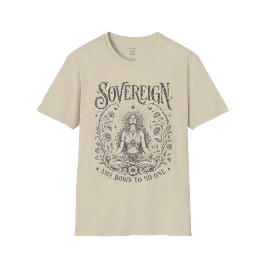 Sand Sovereign T-Shirt featuring vintage celestial meditation artwork with a soft earthy spiritual aesthetic.