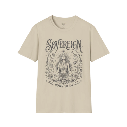 Sand Sovereign T-Shirt featuring vintage celestial meditation artwork with a soft earthy spiritual aesthetic.