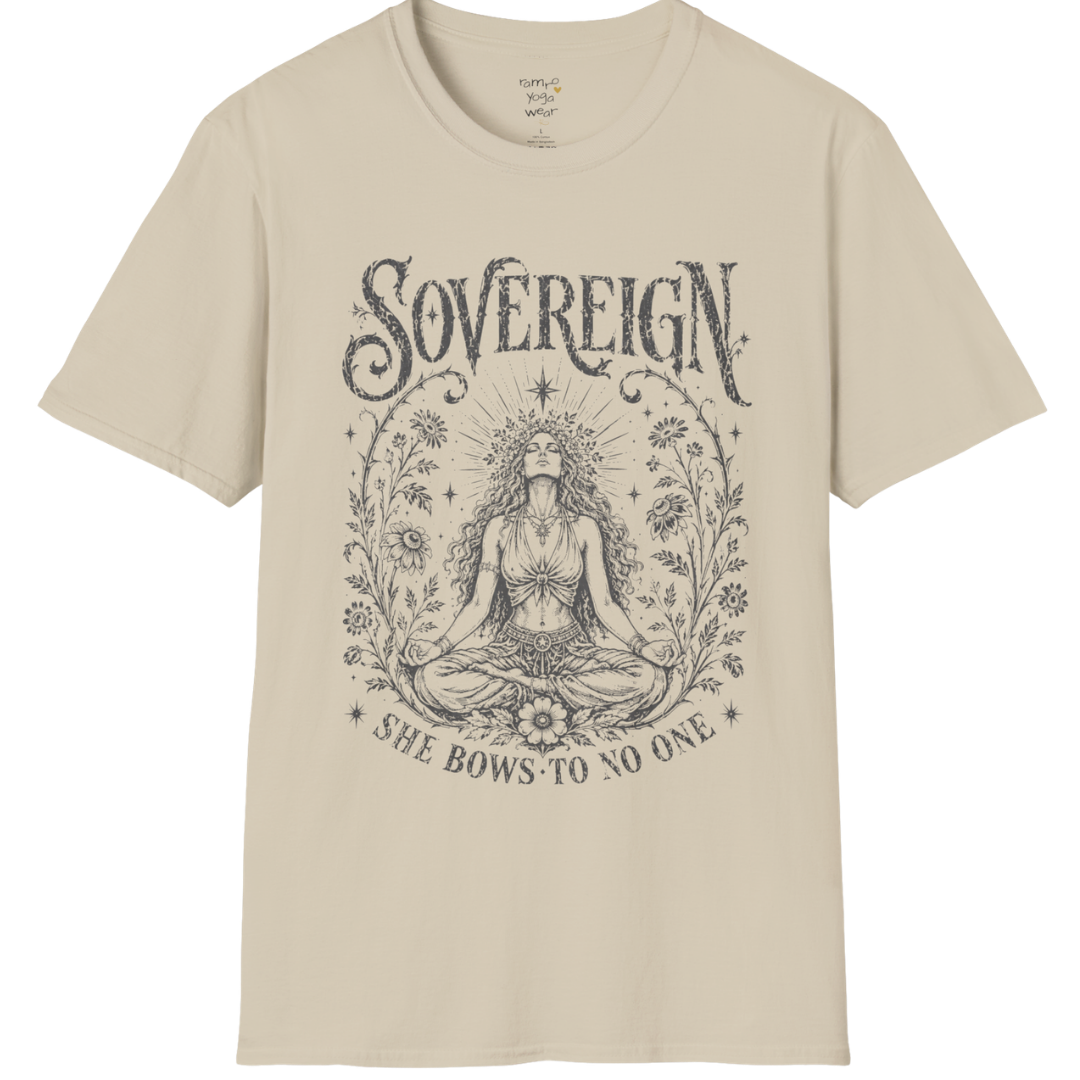 Sand Sovereign T-Shirt featuring vintage celestial meditation artwork with a soft earthy spiritual aesthetic.