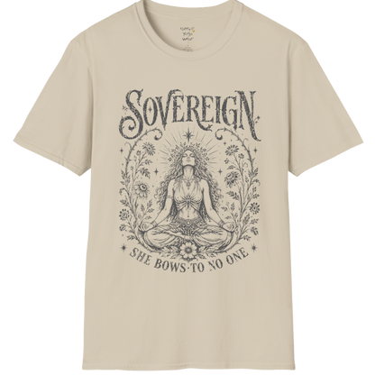 Sand Sovereign T-Shirt featuring vintage celestial meditation artwork with a soft earthy spiritual aesthetic.