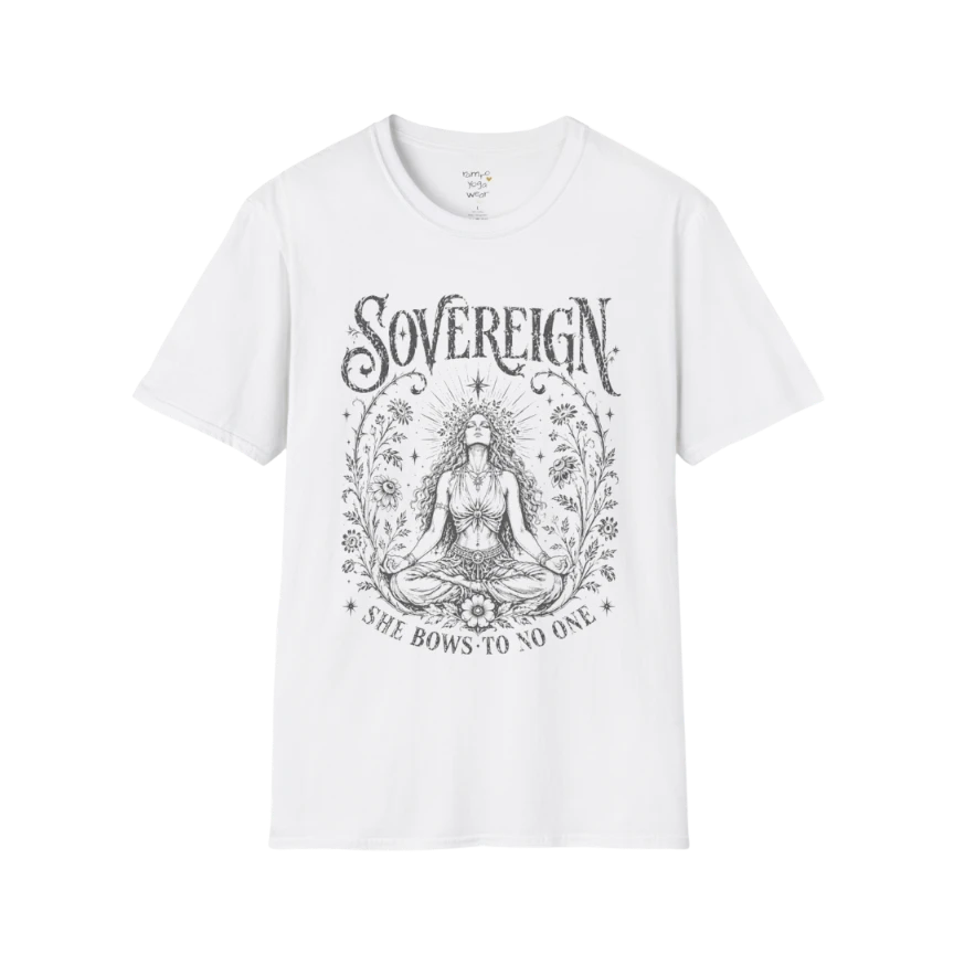 White Sovereign T-Shirt with dark mystical line art illustration inspired by mindfulness, meditation, and calm confidence.