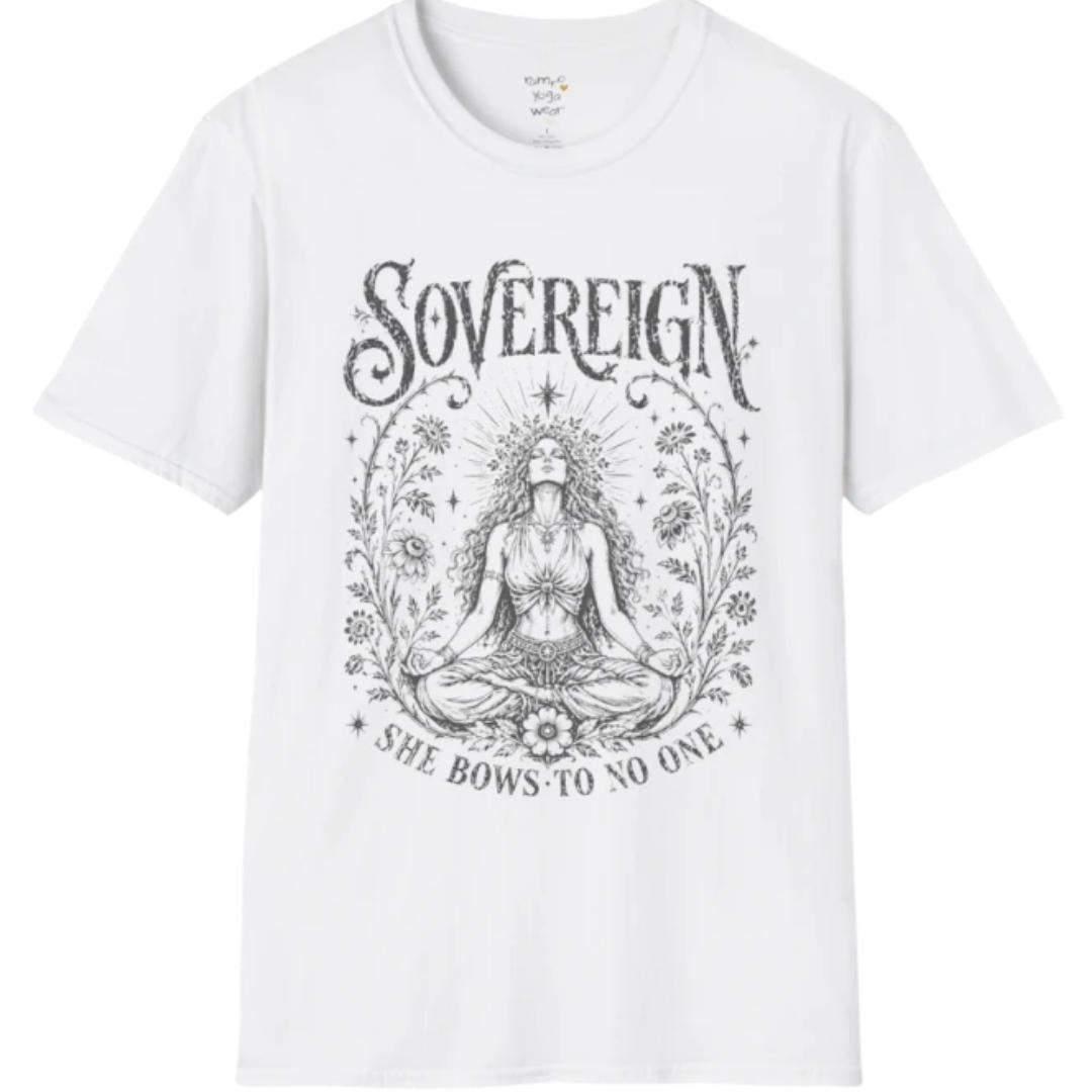 White Sovereign T-Shirt with dark mystical line art illustration inspired by mindfulness, meditation, and calm confidence.