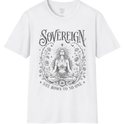 White Sovereign T-Shirt with dark mystical line art illustration inspired by mindfulness, meditation, and calm confidence.