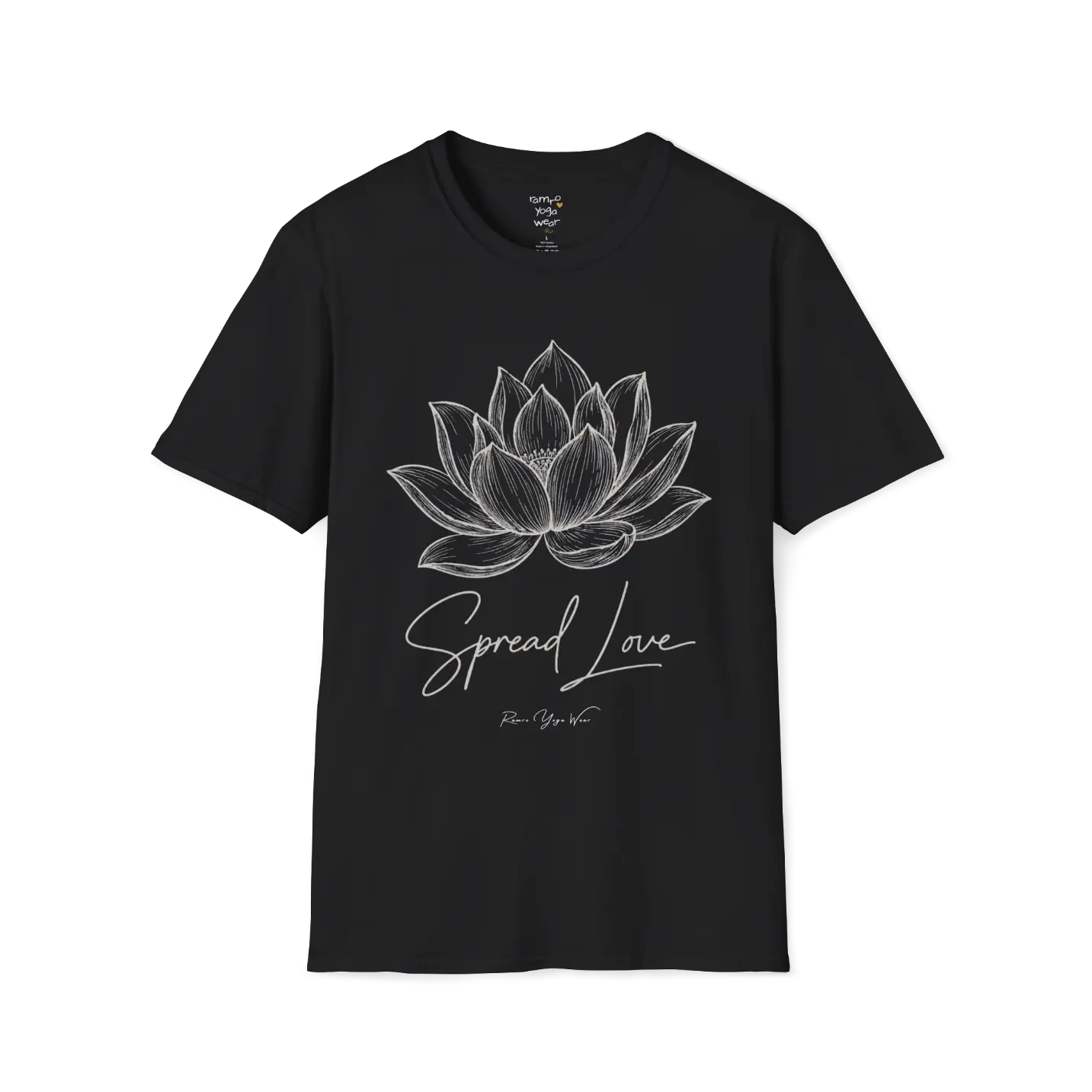 Spread Love T-Shirt, hand-illustrated lotus design with "Spread Love" script — The Vault collection by Ramro Yoga Wear, Black.