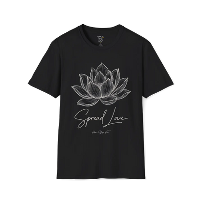 Spread Love T-Shirt, hand-illustrated lotus design with "Spread Love" script — The Vault collection by Ramro Yoga Wear, Black.