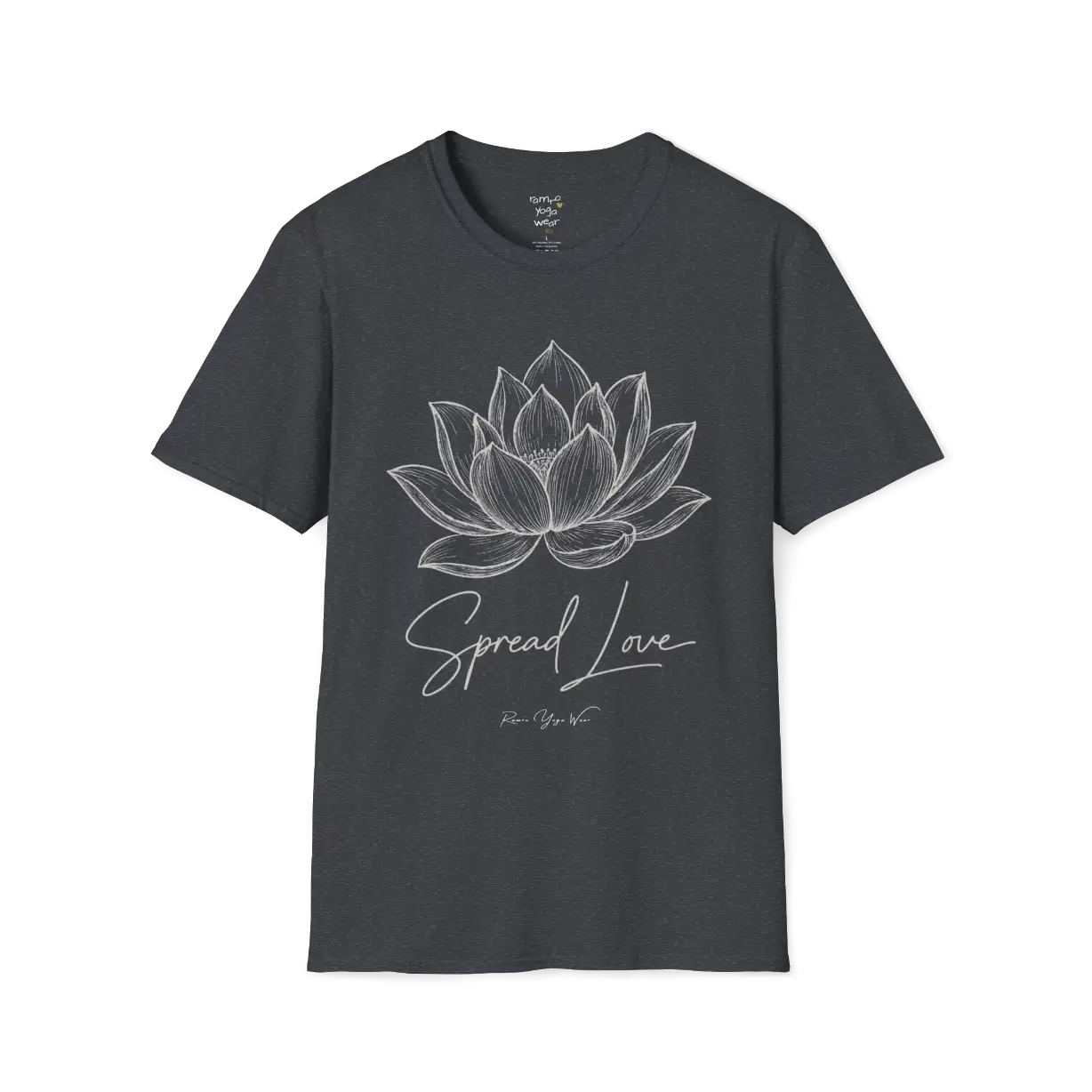 Spread Love T-Shirt, hand-illustrated lotus design with "Spread Love" script — The Vault collection by Ramro Yoga Wear, Dark Heather Grey.