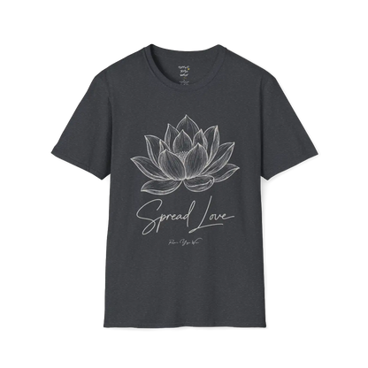 Spread Love T-Shirt, hand-illustrated lotus design with "Spread Love" script — The Vault collection by Ramro Yoga Wear, Dark Heather Grey.