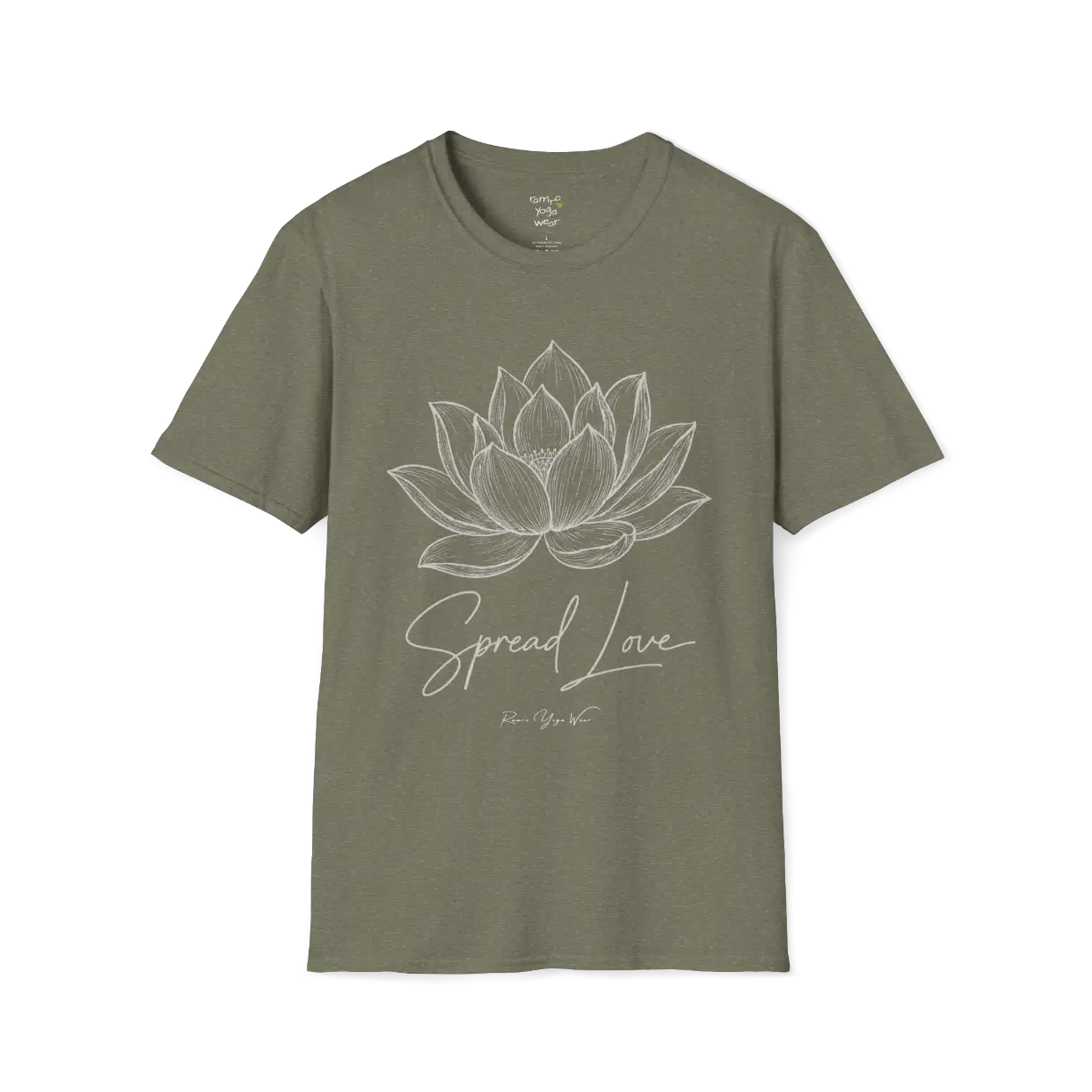 Spread Love T-Shirt, hand-illustrated lotus design with "Spread Love" script — The Vault collection by Ramro Yoga Wear, Heather Military Green. 
