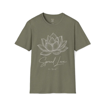 Spread Love T-Shirt, hand-illustrated lotus design with "Spread Love" script — The Vault collection by Ramro Yoga Wear, Heather Military Green. 