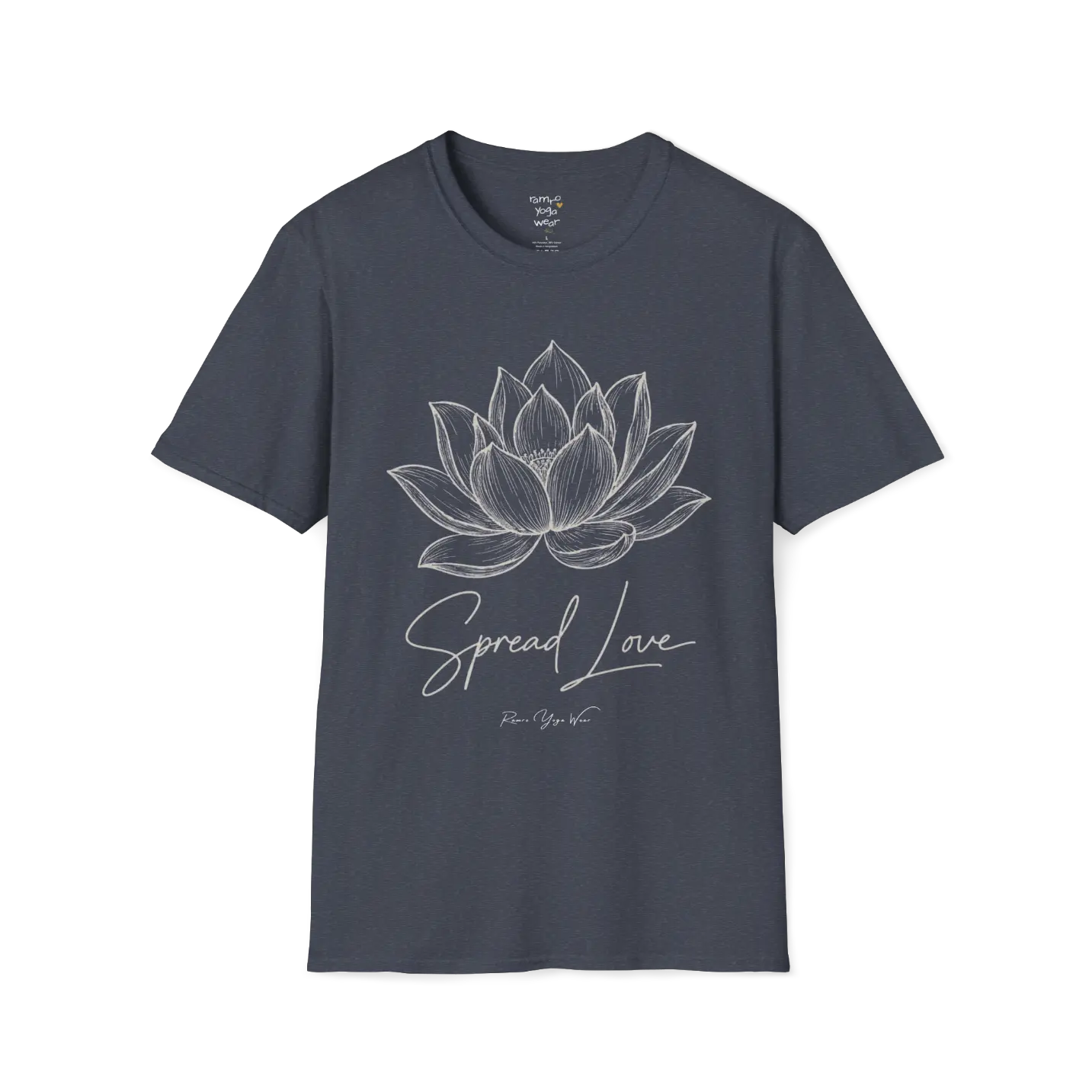 Spread Love T-Shirt, hand-illustrated lotus design with "Spread Love" script — The Vault collection by Ramro Yoga Wear, Heather Navy.