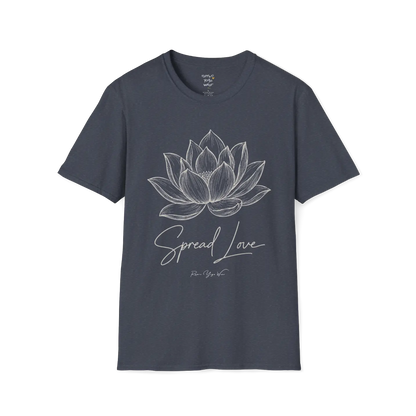 Spread Love T-Shirt, hand-illustrated lotus design with "Spread Love" script — The Vault collection by Ramro Yoga Wear, Heather Navy.