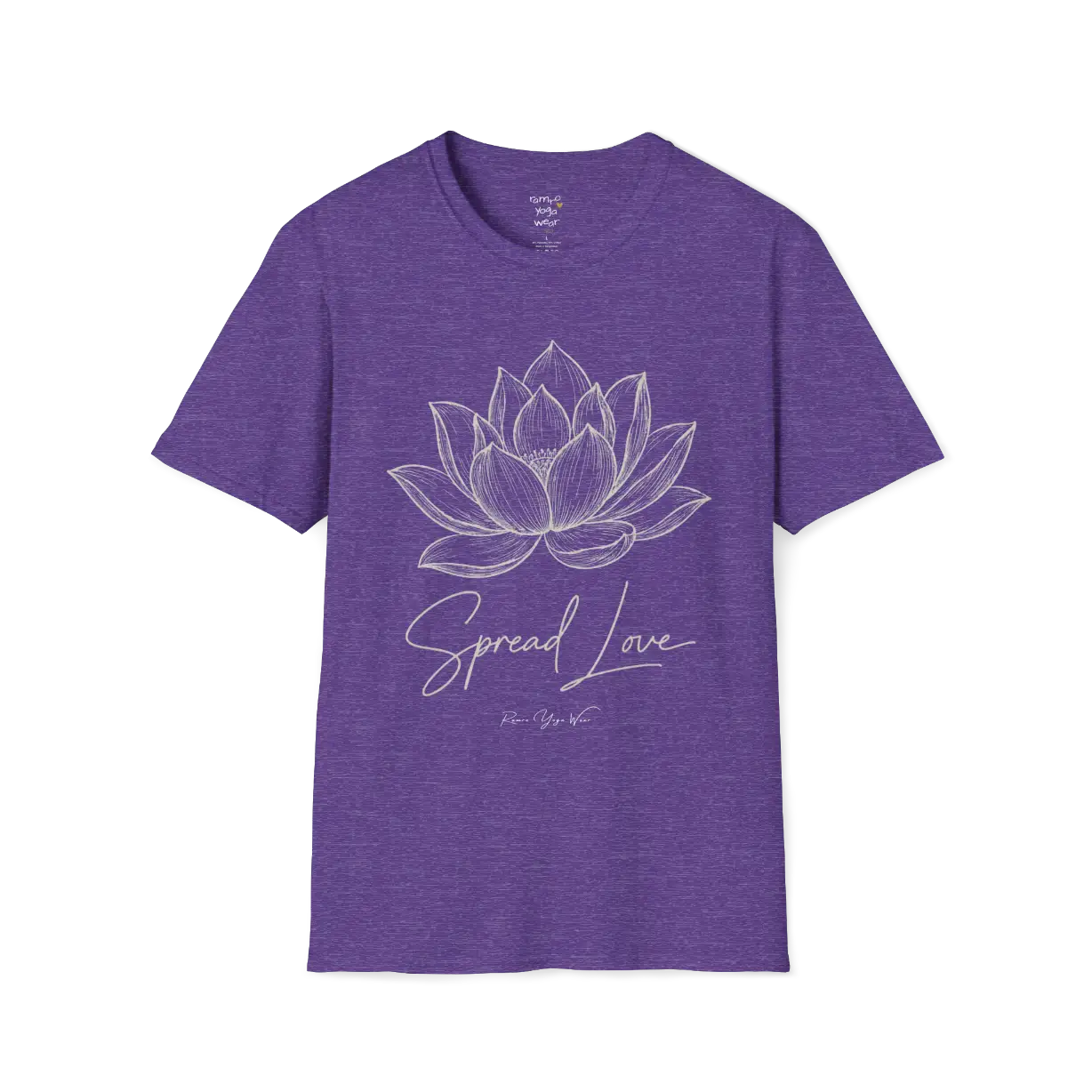 Spread Love T-Shirt, hand-illustrated lotus design with "Spread Love" script — The Vault collection by Ramro Yoga Wear, Heather Purple.