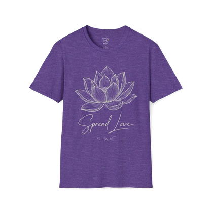 Spread Love T-Shirt, hand-illustrated lotus design with "Spread Love" script — The Vault collection by Ramro Yoga Wear, Heather Purple.