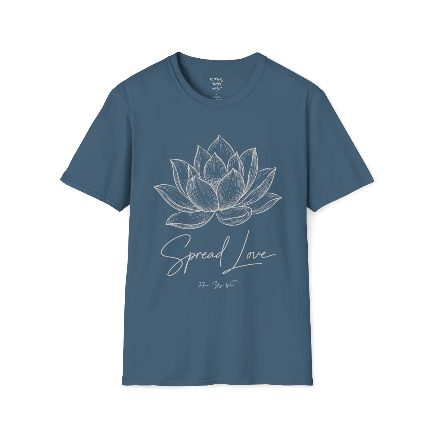 Spread Love T-Shirt, hand-illustrated lotus design with "Spread Love" script — The Vault collection by Ramro Yoga Wear, Indigo Blue.
