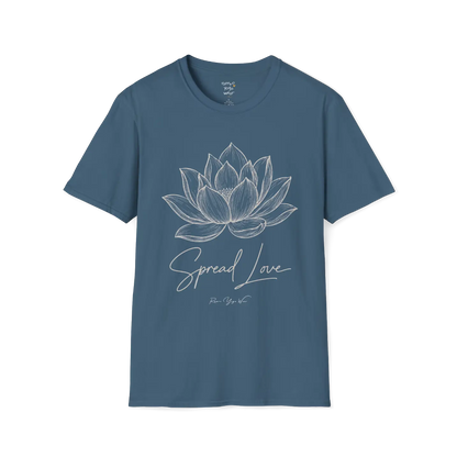 Spread Love T-Shirt, hand-illustrated lotus design with "Spread Love" script — The Vault collection by Ramro Yoga Wear, Indigo Blue.