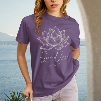 Spread Love T-Shirt, hand-illustrated lotus design with "Spread Love" script — The Vault collection by Ramro Yoga Wear, Heather Purple.