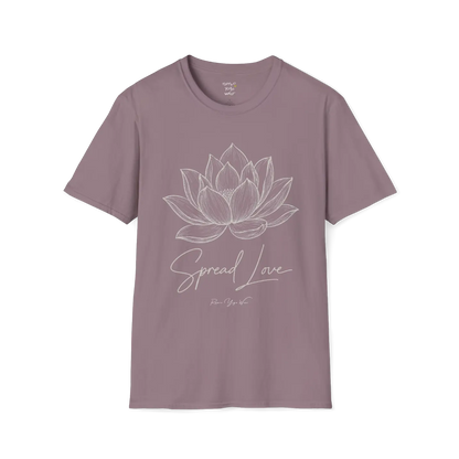 Spread Love T-Shirt, hand-illustrated lotus design with "Spread Love" script — The Vault collection by Ramro Yoga Wear, Paragon.