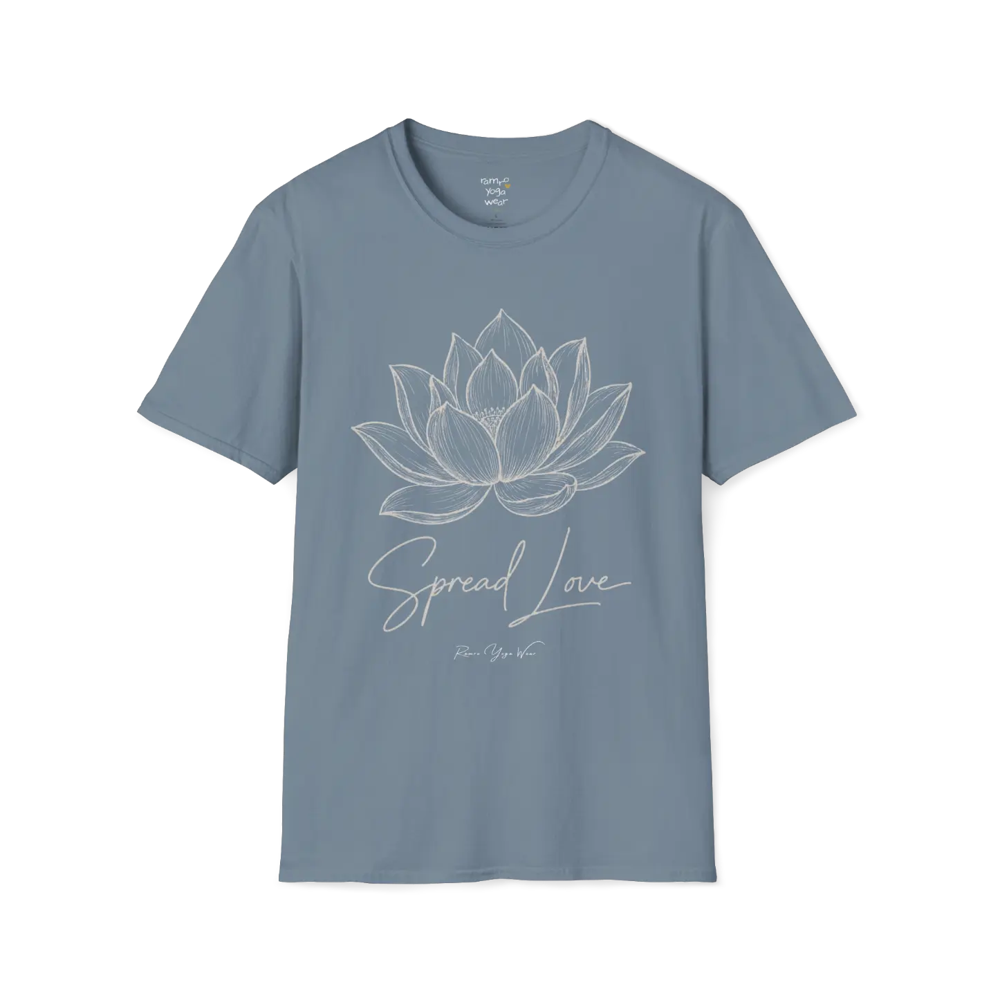Spread Love T-Shirt, hand-illustrated lotus design with "Spread Love" script — The Vault collection by Ramro Yoga Wear, Stone Blue.