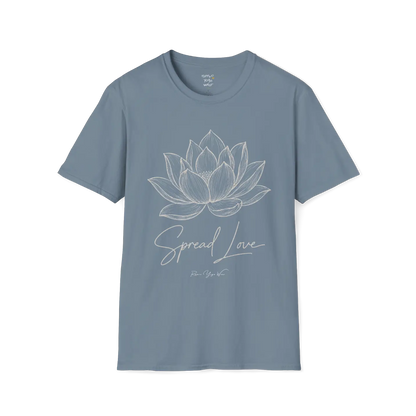 Spread Love T-Shirt, hand-illustrated lotus design with "Spread Love" script — The Vault collection by Ramro Yoga Wear, Stone Blue.