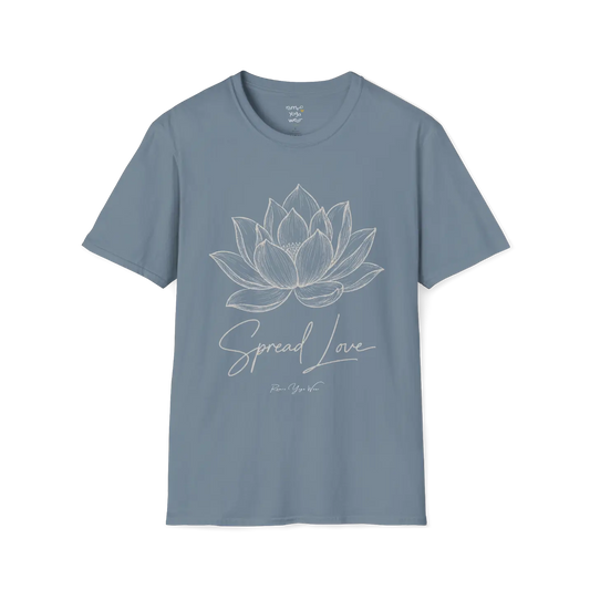 Spread Love T-Shirt, hand-illustrated lotus design with "Spread Love" script — The Vault collection by Ramro Yoga Wear, Stone Blue.
