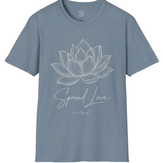 Spread Love T-Shirt, hand-illustrated lotus design with "Spread Love" script — The Vault collection by Ramro Yoga Wear, Stone Blue.