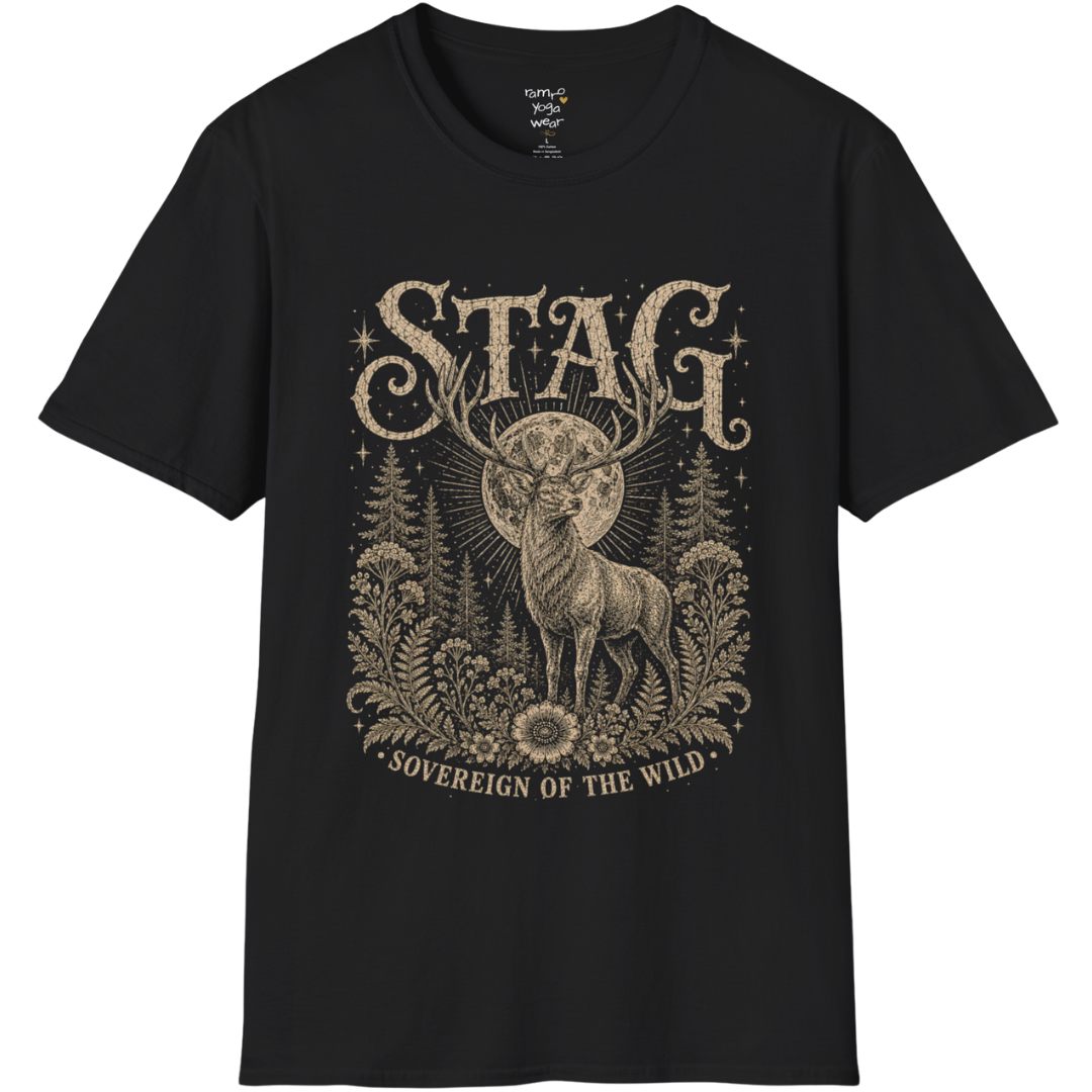 Ramro Yoga Wear Stag tee in Black — sovereign stag moon forest vintage engraving, flat lay product shot