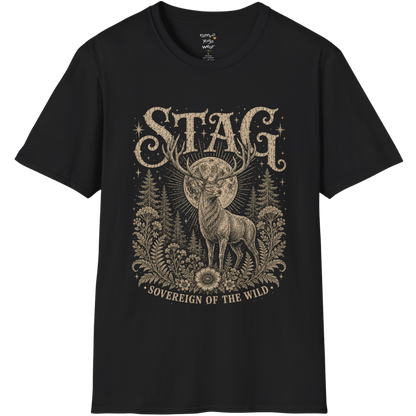 Ramro Yoga Wear Stag tee in Black — sovereign stag moon forest vintage engraving, flat lay product shot