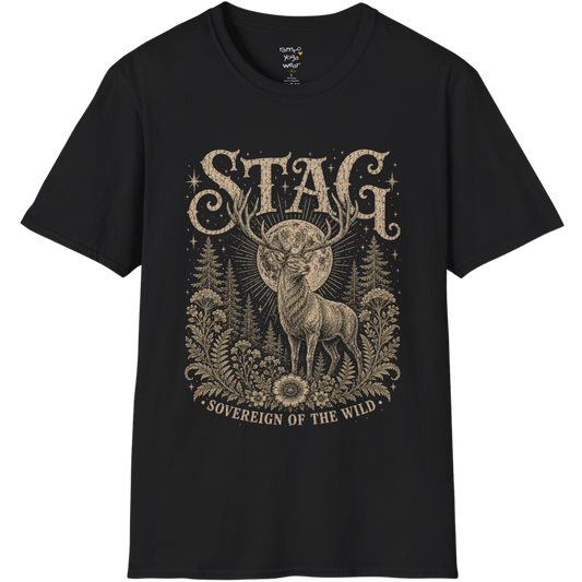 Ramro Yoga Wear Stag tee in Black — sovereign stag moon forest vintage engraving, flat lay product shot