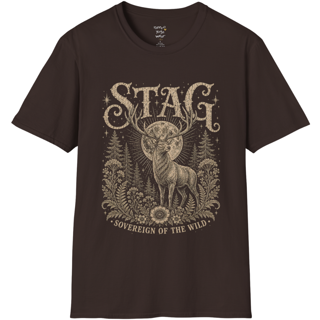 Ramro Yoga Wear Stag tee in Dark Chocolate — sovereign stag moon forest vintage engraving, flat lay product shot
